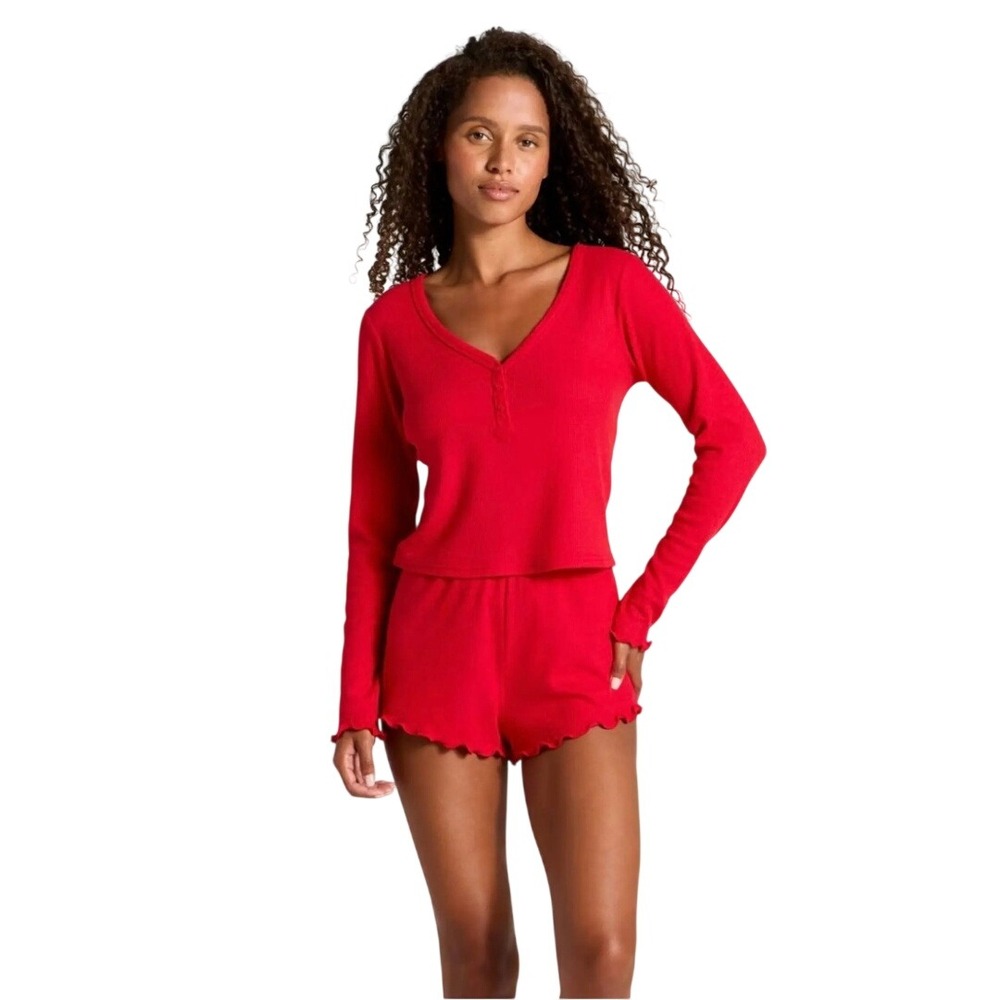 Wild Fable Women's Red Waffle Knit Henley Long Sleeve Shorts Pajama Set Size XL